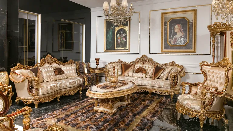 King Koltuk Takımı, görkemli ve anıtsal siluetiyle lüks bir yaşam alanında