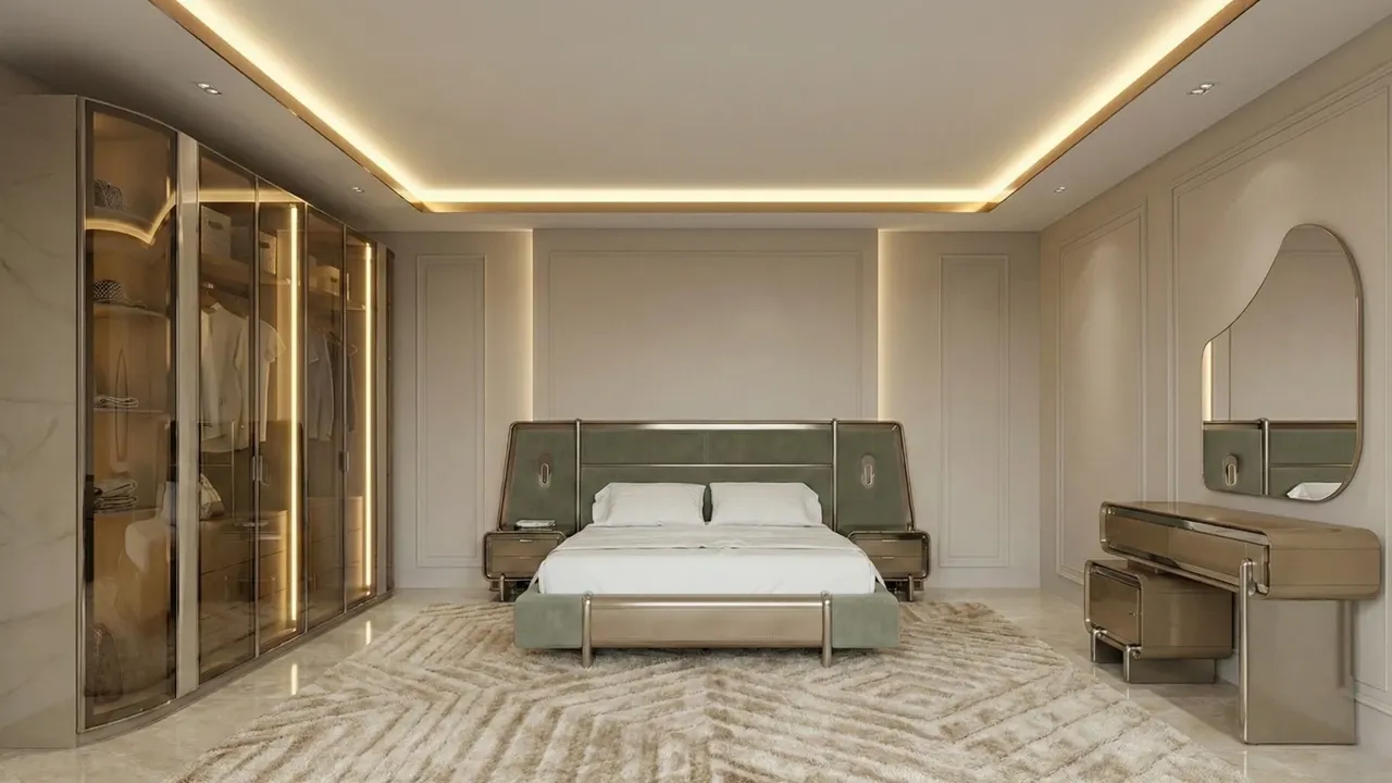 Monza yatak odası takımı, temiz hatlı modern karyola ve koordineli parçalar