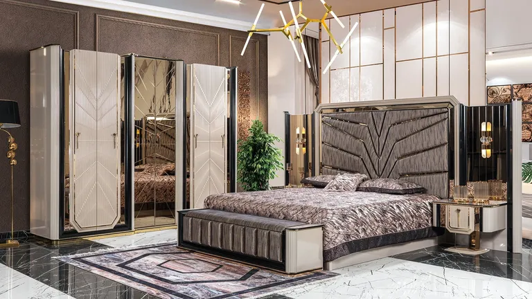 Varno Yatak Odası Takımı, sade hatlı karyola ve uyumlu parçalarıyla çağdaş bir yatak odasında