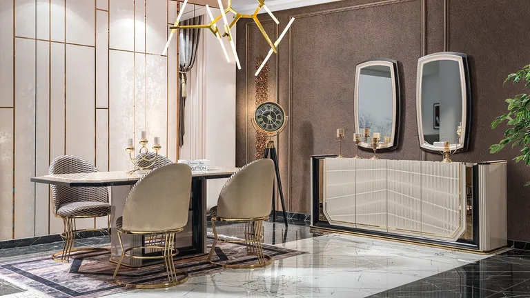 Varno modern yemek odası takımı; sade hatlı masa ve dengeli oranlı sandalyeler